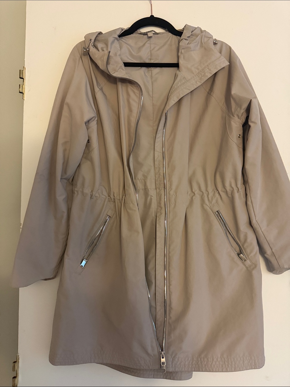 Athleta Light Taupe Hooded Trench with Drawstring Waist
